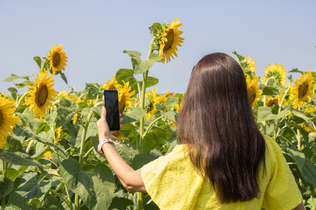 Young woman with long hair makes photo sunflower on cell phone. Photographs of yellow flower in...