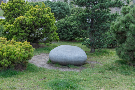 Application natural stone in landscape design. Lawn in garden with big stone and coniferous trees....
