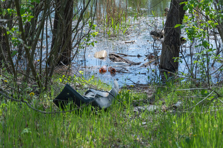 Garbage dump in forest scattered in river. Plastic trash in the lake after picnic. People illegally throw rubbish. World ecology problem of environmental protection. Garbage heap.の写真素材