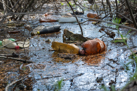 Garbage dump in forest scattered in river. Plastic trash in the lake after picnic. People illegally...