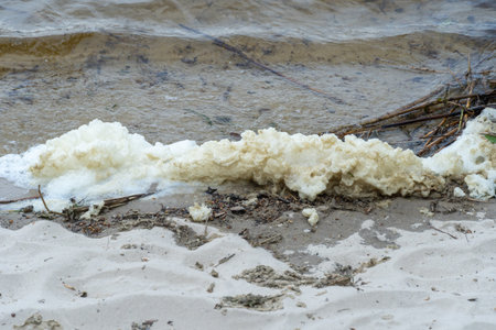 River bank with waves and white foam. White soft foam swaying. Blue water edge on sandy beach. Swirl natural pattern in shallow water. Tranquil scene of beach.の写真素材