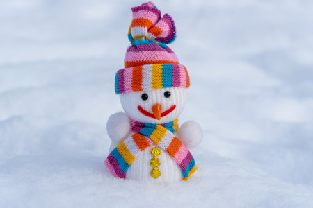 Snowman in christmas clothes stands on white snow in winter forest. Knitted bauble. Christmas and new year holidays decoration. Template for design christmas bauble. Symbol xmasの写真素材