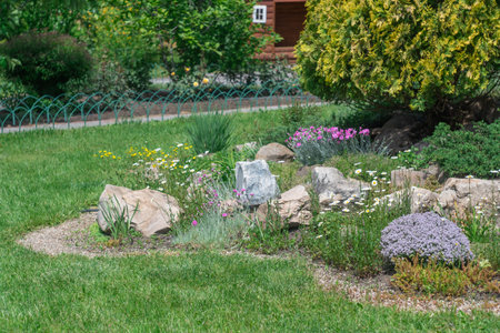 Application natural stone and phlox carnations daisies in landscape design. Stone path in garden with bushes trees flowers. Beautiful manicured green plants in gardening. Designersの写真素材
