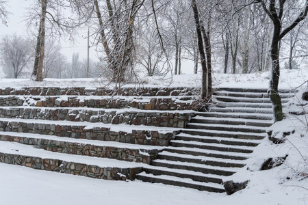 Snow-covered stone staircase leading through winter landscape. Snowy park and steep stair in park after heavy snowfall. Frosty pathway in descent in cold weather. Depicts winterの写真素材