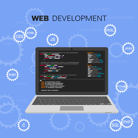 Programming and coding. Programming languages. Web development. Software testing. Concept vector infographicのイラスト素材