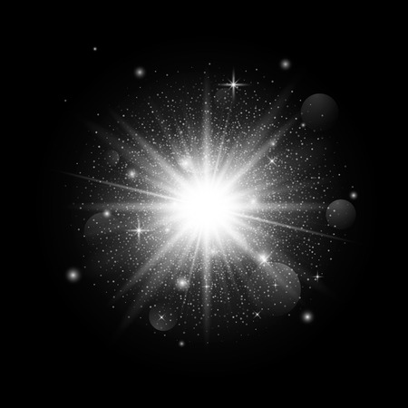 Luminous sparkle star light on dark background. Christmas decoration with particles. Starry space illustration.のイラスト素材