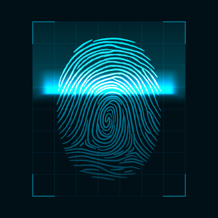 Fingerprint scanning concept. Digital bio-metric security system and data protection. Personal authorization screen. Vector illustration isolated on dark background.のイラスト素材