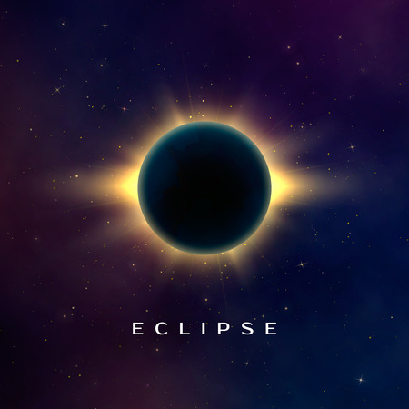 Dark abstract background with a solar eclipse. Total eclipse of the sun. Realistic vector...