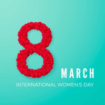 International Happy Women's Day celebration concept. with stylish heart decorated text 8th March on turquoise background. Vector illustrationのイラスト素材