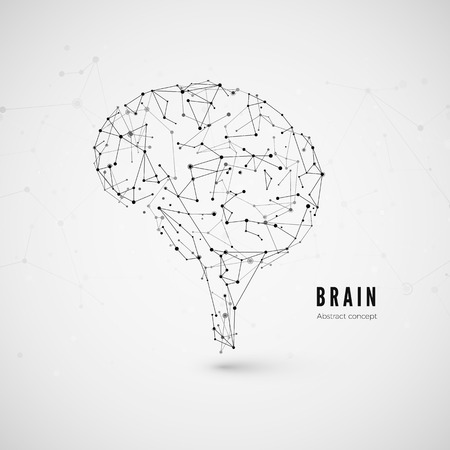 Technology concept, particles and lines. Polygonal brain shape of an artificial intelligence with lines and  dots. Vector illustrationのイラスト素材