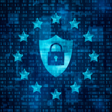 General Data Protection Regulation - GDPR. Shild with padlock, data secure. Stars on blue matrix background. Vector illustrationのイラスト素材