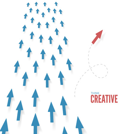Think creative. Red arrow motion into different way. Freedom of thought ideas and solution. Business concept. Vector illustrationのイラスト素材