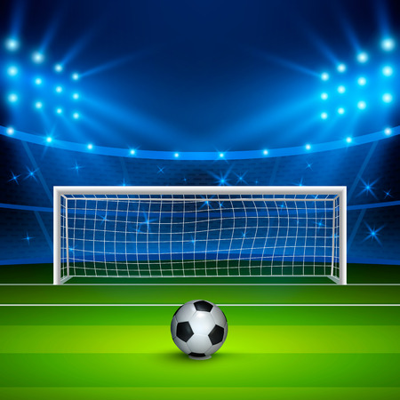 Soccer ball on green football field on stadium, arena in night illuminated bright spotlights. Vector illustrationのイラスト素材