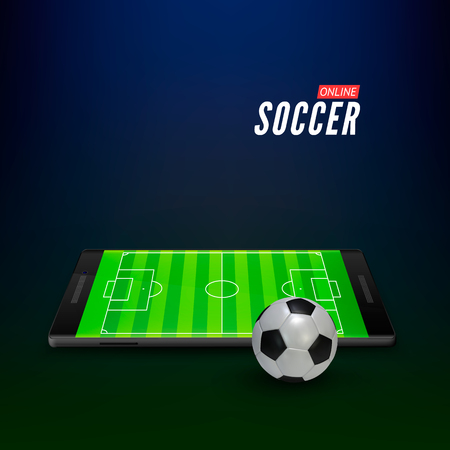 Mobile app interface for sports betting online. Empty soccer field on smartphone screen. Vector illustration on dark backgroundのイラスト素材