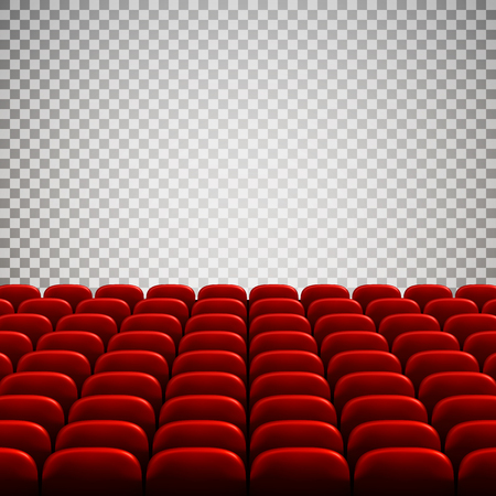 Wide empty movie theater auditorium with red seats. Rows of red theater seats. Vector illustration isolated on transparent backgroundのイラスト素材