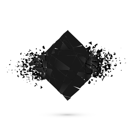 Cube destruction. Squared black banner with space for text. Abstract shape explosion. Vector illustration isolated on white backgrondのイラスト素材