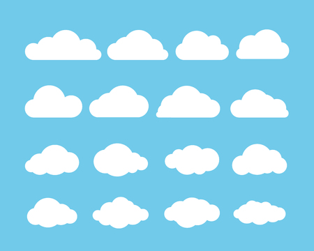 Cartoon flat set of white clouds isolated on blue background. White Cloud. Vector illustrationのイラスト素材