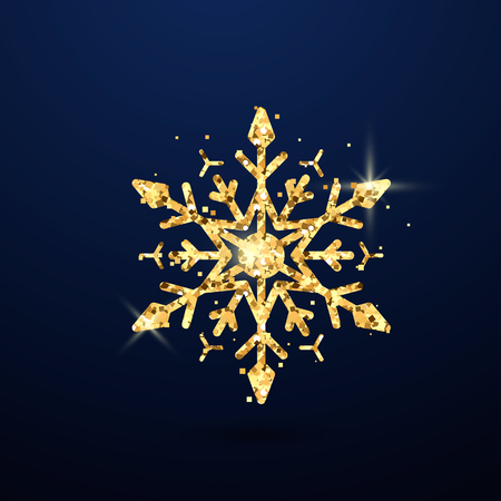Festive golden snowflake isolated on dark background. New Year Eve and Christmas magic decoration symbol. Vector illustrationのイラスト素材
