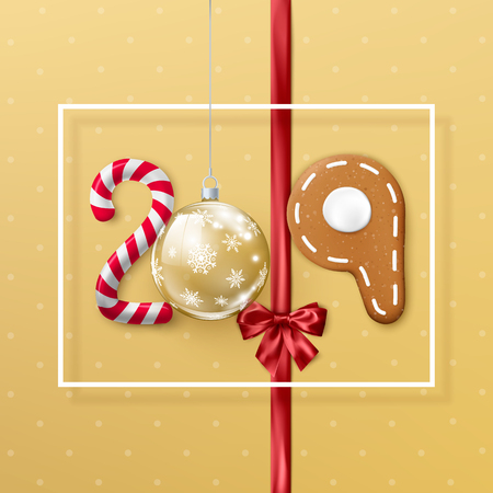 New Year 2019 banner with white frame. Creative festive lettering. Candy and Christmas ball ribbon with bow and gingerbread cookie. Vector illustration isolated on yellow backgroundのイラスト素材