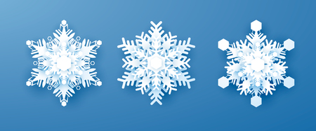 White Paper Snowflakes Set. New Year and Christmas decoration. Vector illustration isolated on blue backgroundのイラスト素材