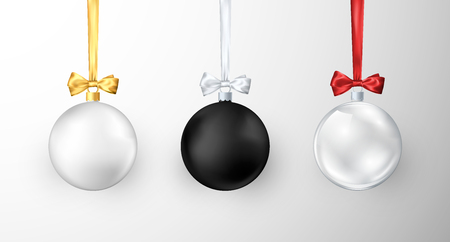 Set of Christmas balls. Realistic glossy xmas and new year tree decorations. White black and glass traditional holiday realistic Christmas balls. Vector illustrationのイラスト素材