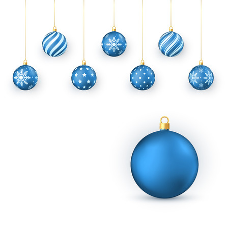 Blue Christmas balls Set. Holiday Decorative Elements. Xmas balls hang on golden string. Vector illustration isolated on white backgroundのイラスト素材