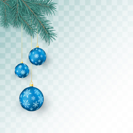 Christmas decoration elements isolated on transparent background. Fir twigs and blue Christmas balls with snowflakes ornament. Xmas baubles. Vector illustrationのイラスト素材