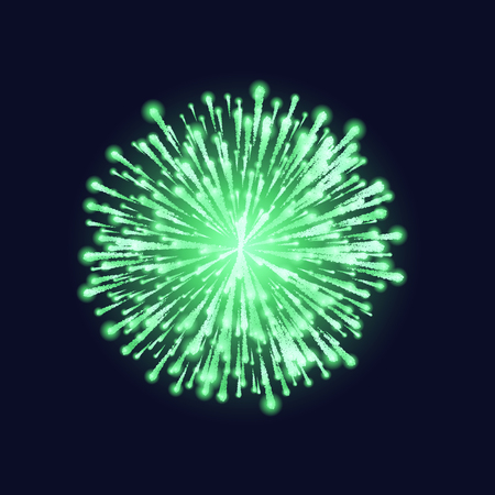 Firework isolated. Beautiful green firework on dark sky background. Bright decoration Christmas card, Happy New Year celebration or festival. Vector illustrationのイラスト素材