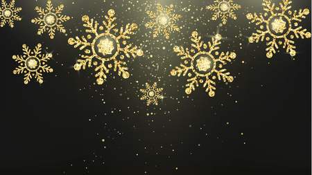 Golden snowflakes. New Year and Christmas magic decoration background. Holiday banner or poster. Vector illustrationのイラスト素材