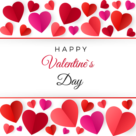 Colorful red paper hearts. Happy Valentines Day greeting Card. Vector illustration isolated on whiteのイラスト素材