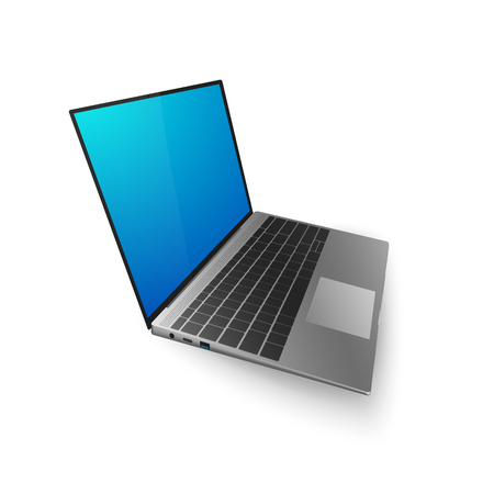 Laptop mock up. 3D laptop with bkue screen for you design or banner. Vector illustration isolated on white backgroundのイラスト素材