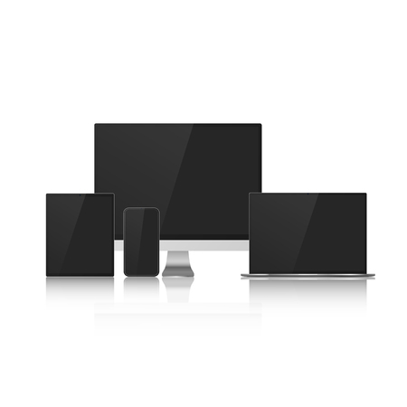 Set of Device Mock Up with Black Screens for your Design. Realistic Computer, Laptop, Tablet and Smartphone. Vector Illustration Isolated on White Backgroundのイラスト素材