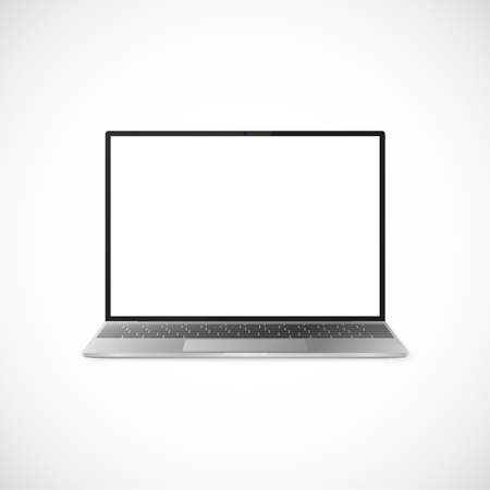 Laptop with shadow isolated on white background. Laptop design with black display and gray keyboard. Laptop front view. Vector illustrationのイラスト素材
