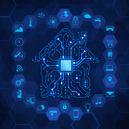 Smart home concept. Future technology innovation. House circuit and smart house function icons. Vector illustration on blue backgroundのイラスト素材