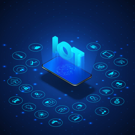 Internet of things concept. IOT isometric banner. Digital global ecosystem. Monitoring and control by smartphone. Blue technology bacoground. Vector illustrationのイラスト素材
