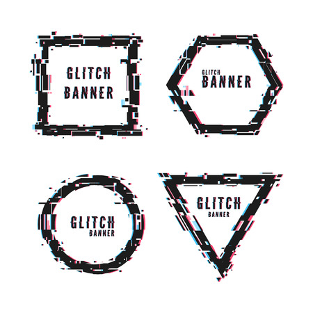 Modern abstract banners set in distorted glitch style. Geometric frame shape with glitch effect. Vector illustration isolated on white backgroundのイラスト素材