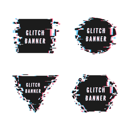 Square triangular hexagonal and circular banner set in distorted glitch style. Vector illustration isolated on white backgroundのイラスト素材