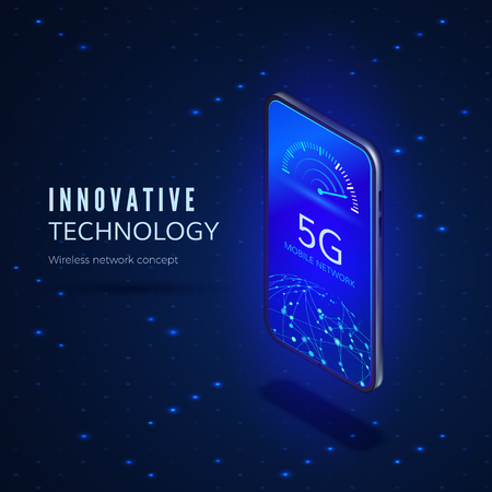 5G network innovation technology banner. Wireless systems and internet. Communication network. Mobile phone with internet speed indicator and global network. Vector illustrationのイラスト素材