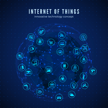 Internet of things. IOT concept. Global network connection. Monitoring and control smart systems icons on global network and map background. Vector illustrationのイラスト素材