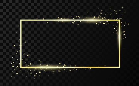 Golden frame template with glitter effect for banner, poster or postcard. Gold square shape frame with space for text. Banner frame template. Vector illustration isolated on transparent backgroundのイラスト素材