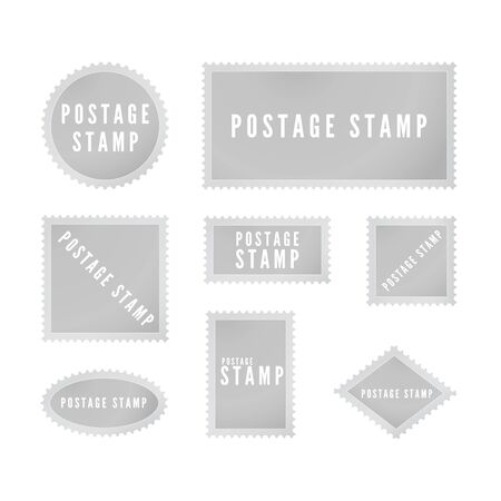 Gray postal stamp template collection with shadow. Retro blank postage stamp with perforated border. Vector illustration isolated on white backgroundのイラスト素材
