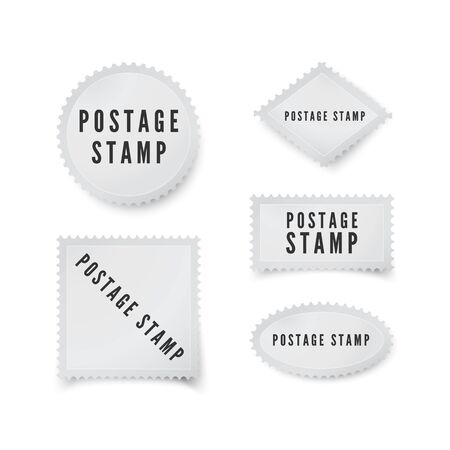 Empty postal stamp template with shadow and perforated border. Blank postage stamp for your design. Vector illustration isolated on white backgroundのイラスト素材