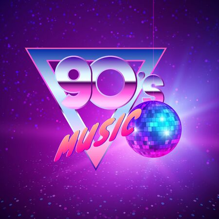 Paster template for disco party 90s. Neon colors and mirror ball on background. Vintage music flyer. Vector illustrationのイラスト素材