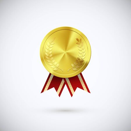 Golden medal red ribbon. Gold award symbol of victory and success. Vector illustration on white backgroundのイラスト素材