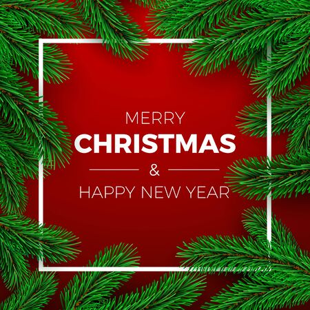 Merry Christmas and Happy New Year Greeting Card. Holiday invitation or poster design. Christmas tree branches on red background and white frame. Holiday decoration elements. Vectorのイラスト素材