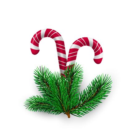 New Year Greeting Card Template. Traditional Christmas Candy with New Year Tree Branches. Vector illustrationのイラスト素材