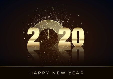 Golden Clock instead of zero in 2020. Happy New Year Greeting Card. Holiday midnight countdown. Christmas Decoration Element for Banner or Invitation. Vector illustrationのイラスト素材