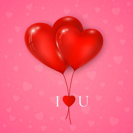 Couple of red hearts balloon with message I Love You. Valentines day greeting card on pink background.のイラスト素材