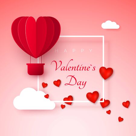 Valentine`s day greeting card with paper cut red heart shape balloon flying. Balloon flies and leaves a trail with hearts decorations. Happy Valentine day banner. Vector illustrationのイラスト素材