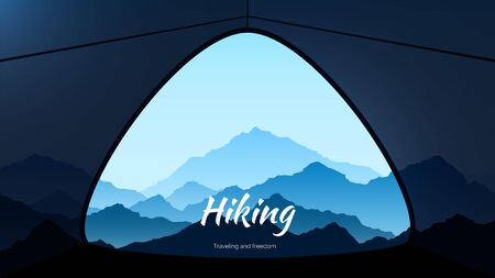 Morning view from tent in mountains. Hiking and extreme tourism. vectorのイラスト素材